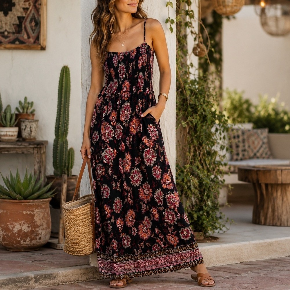 Band of Gypsies Womens XS Black Floral Smocked Front Slit Maxi Dress JIT8669511